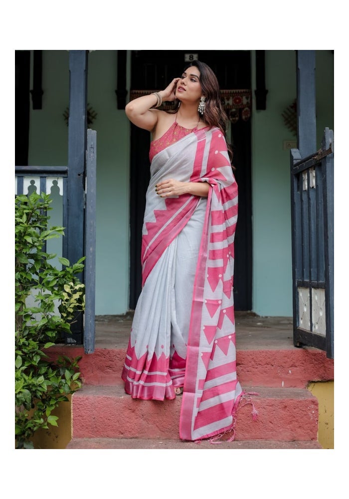 Malishka Export Grey Linen Cotton Graphic Pattern Saree for Women - Image 4